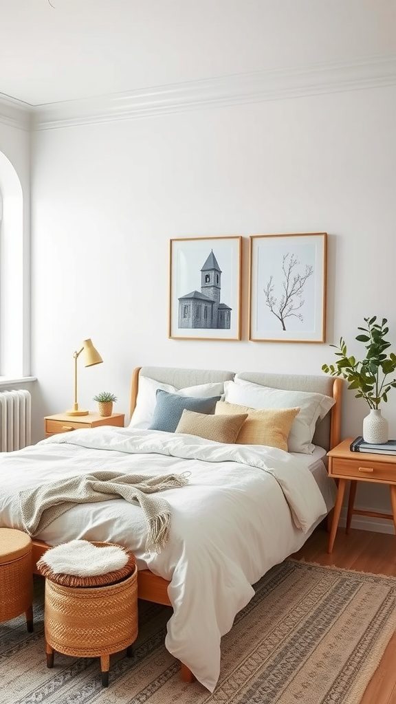 A beautifully arranged Scandinavian bedroom featuring minimalistic decor, soft bedding, and artistic touches.