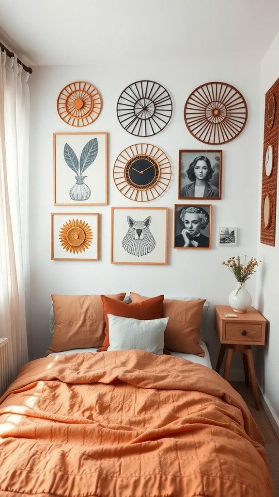 A small bedroom featuring a cozy bed with orange bedding and a gallery wall of framed art.