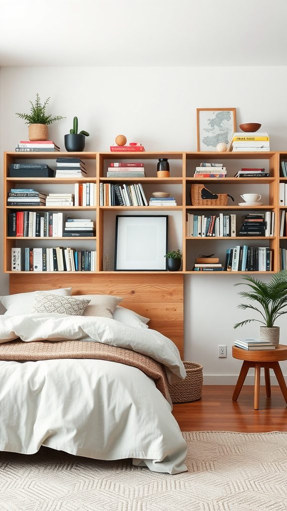 A cozy Scandinavian bedroom featuring open shelving with neatly arranged books and decorative items.