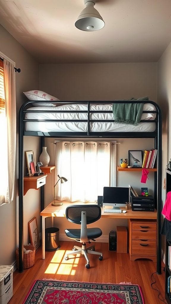 A small bedroom featuring a lofted bed above a desk, showcasing a cozy and functional design.