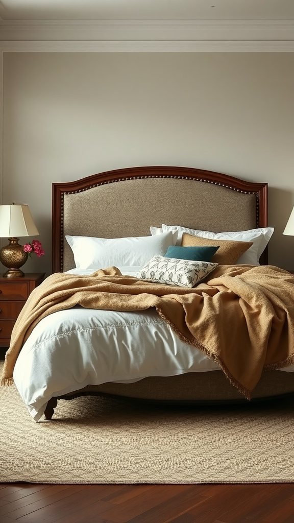 Cozy master bedroom with layered bedding and decorative pillows