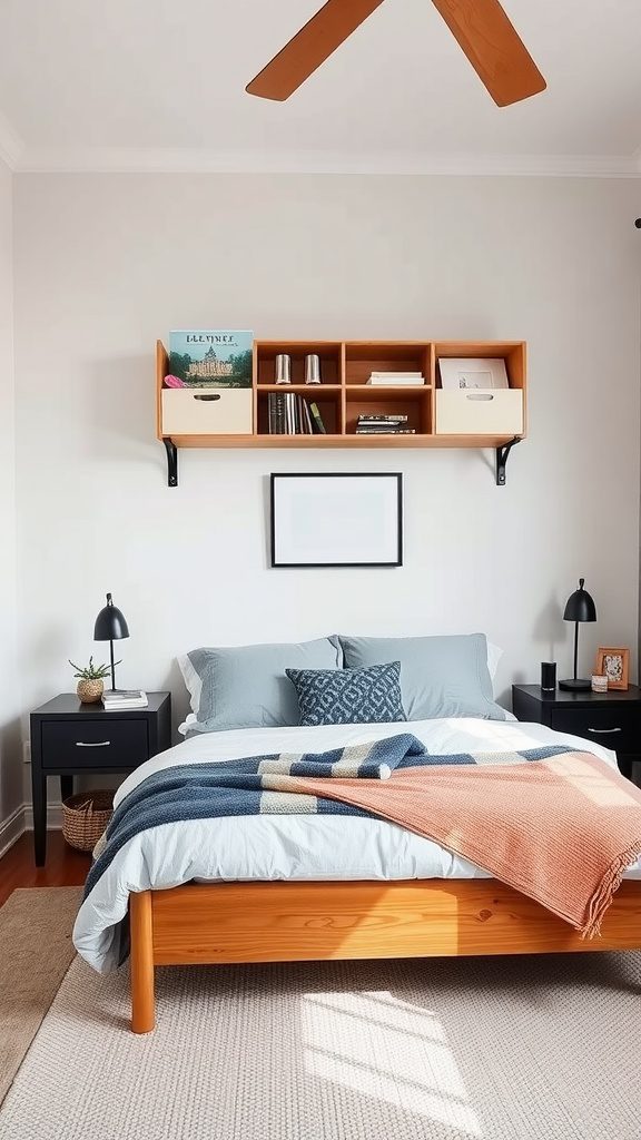 A cozy small bedroom layout featuring a wooden bed, bedside tables with lamps, and wall-mounted shelves.