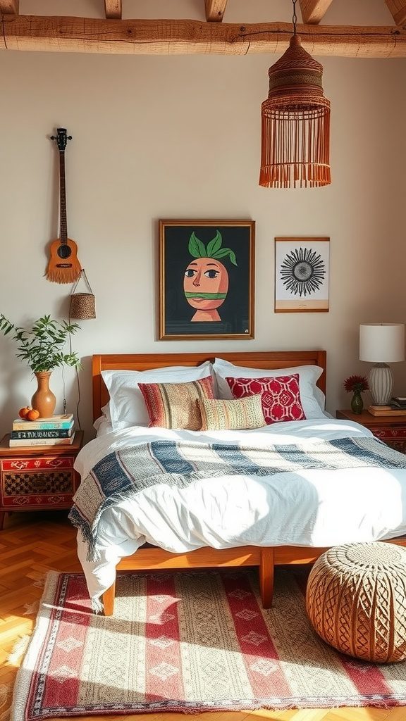 A cozy modern bedroom featuring bohemian touches with colorful art, woven textures, and plants.
