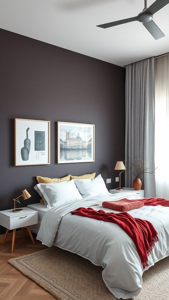 A modern bedroom featuring a bold accent wall with art pieces, complemented by cozy bedding and warm decor.