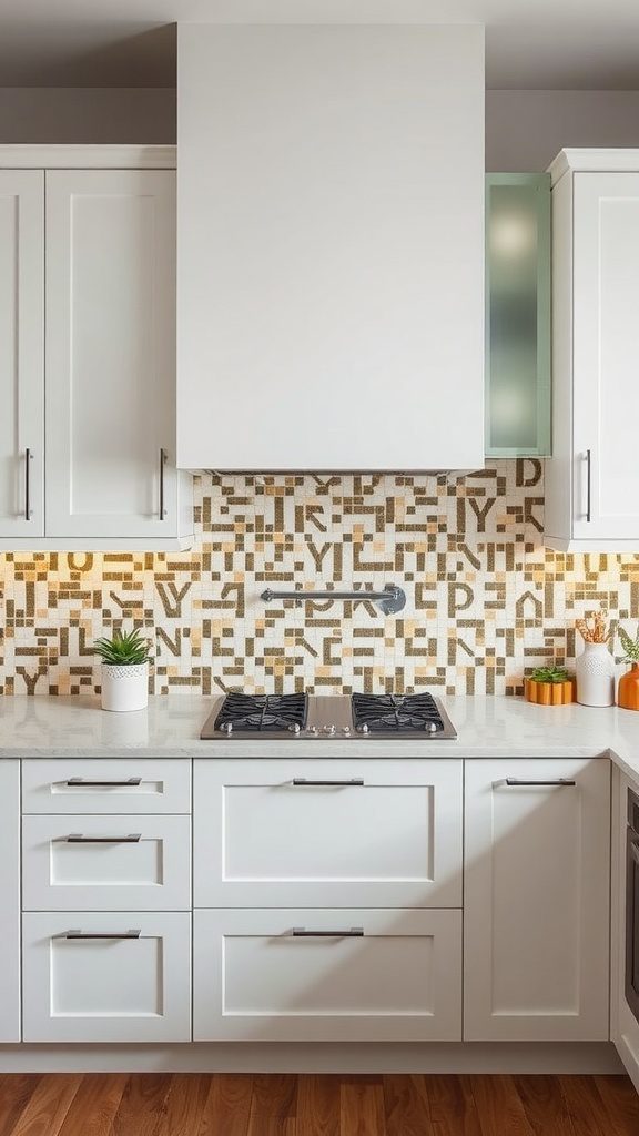 A modern kitchen featuring a bold, patterned backsplash with white cabinets and a gas stove.