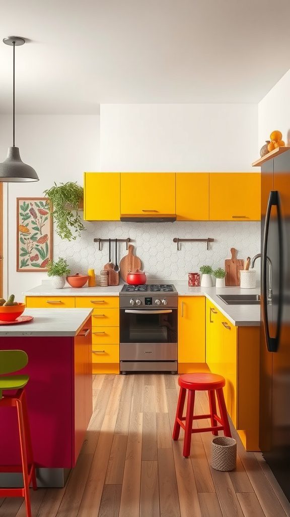 A modern kitchen featuring bold yellow and red cabinets with wooden accents.