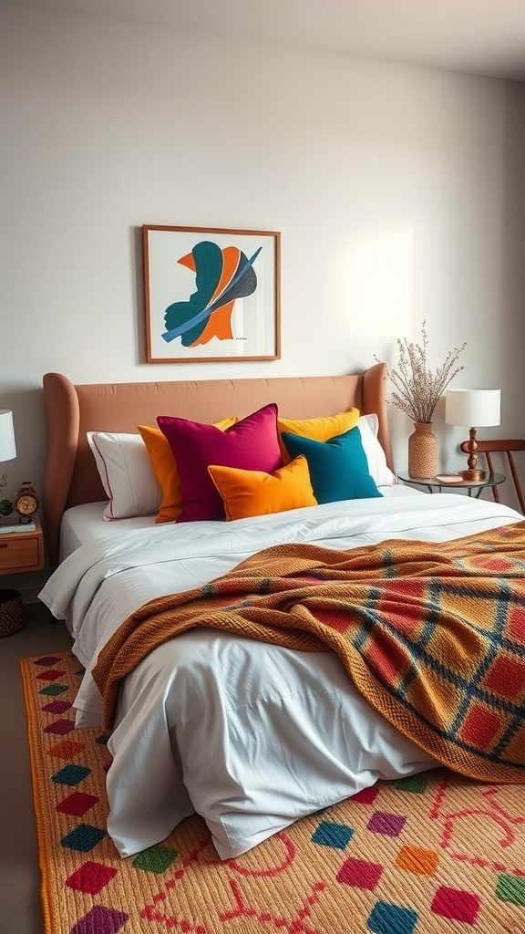 A modern bedroom with a blush-colored headboard, colorful pillows, and a patterned rug.