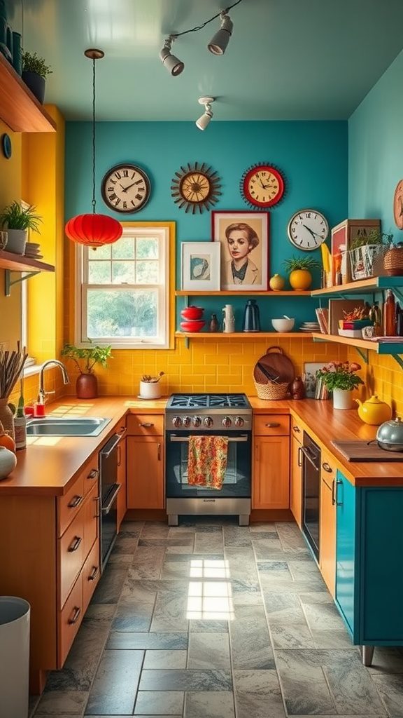 A vibrant kitchen featuring bold yellow and blue colors, illustrated with clocks and decorative elements.