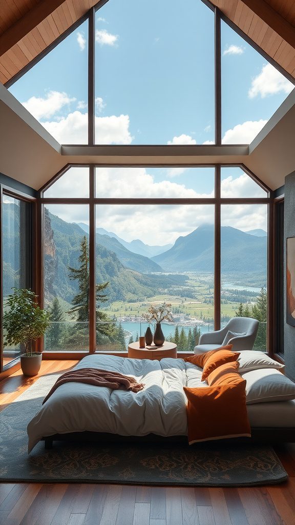 A luxurious bedroom with large windows showcasing stunning mountain and lake views.