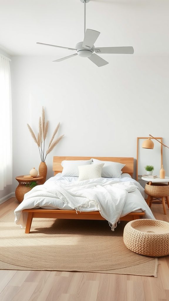 A minimalist bedroom with wooden furniture, light bedding, and natural decor elements.