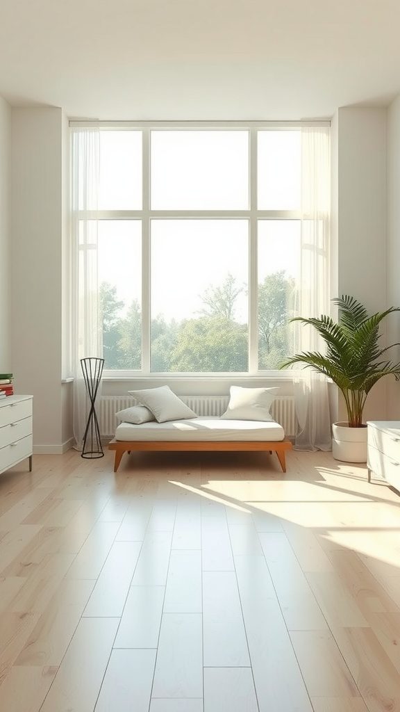 A minimalist bedroom with large windows allowing natural light to flow in.