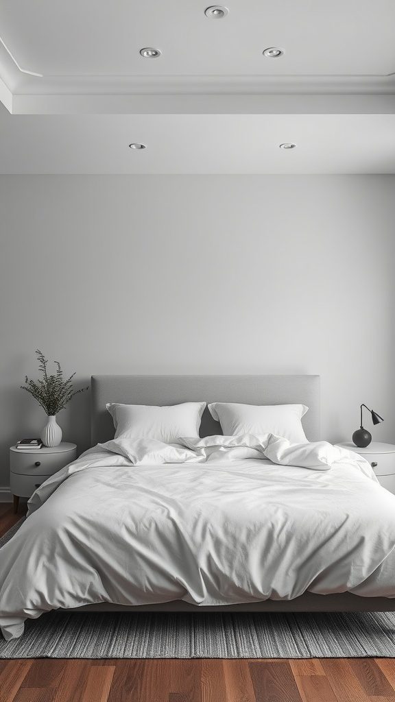 Minimalist bedroom with white bedding and gray accents.