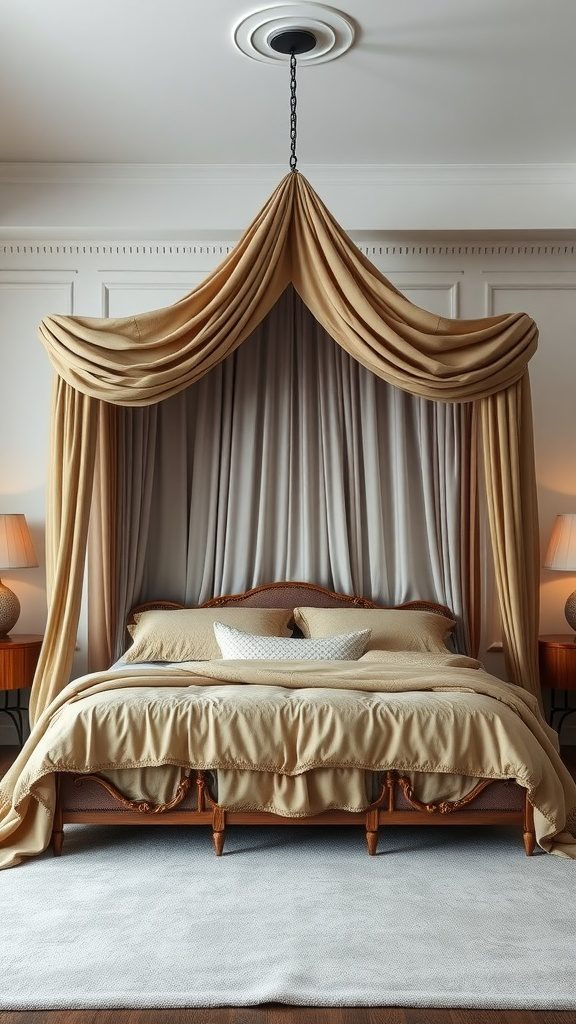 Elegant canopy bed with soft drapes in a cozy master bedroom