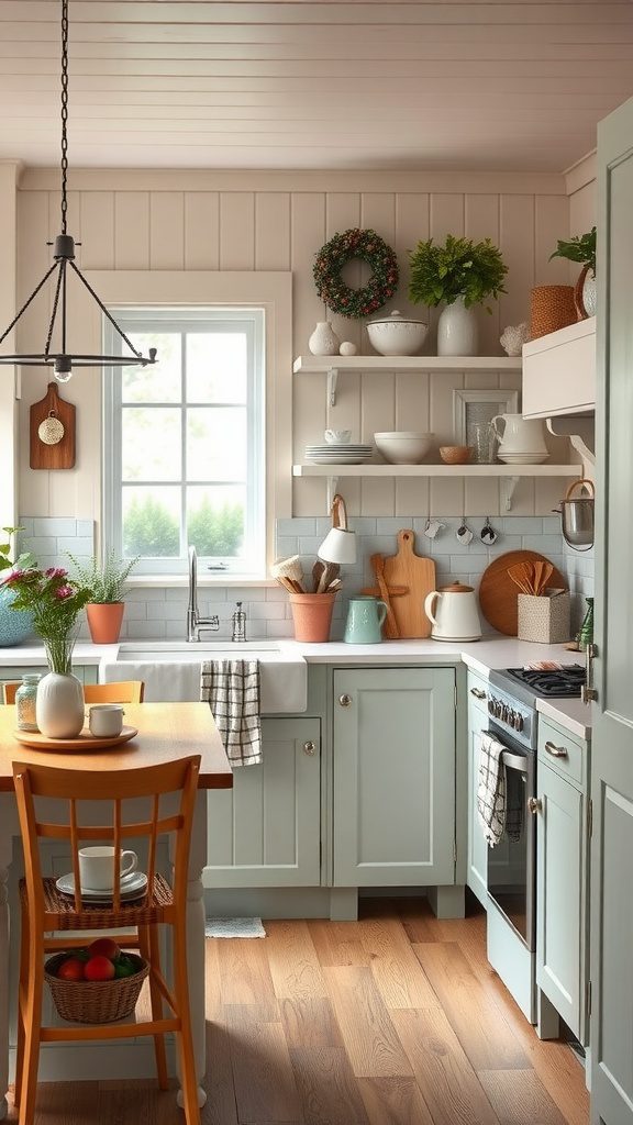 A charming cottage-style kitchen with blue cabinets, wooden accents, and open shelves filled with dishes.