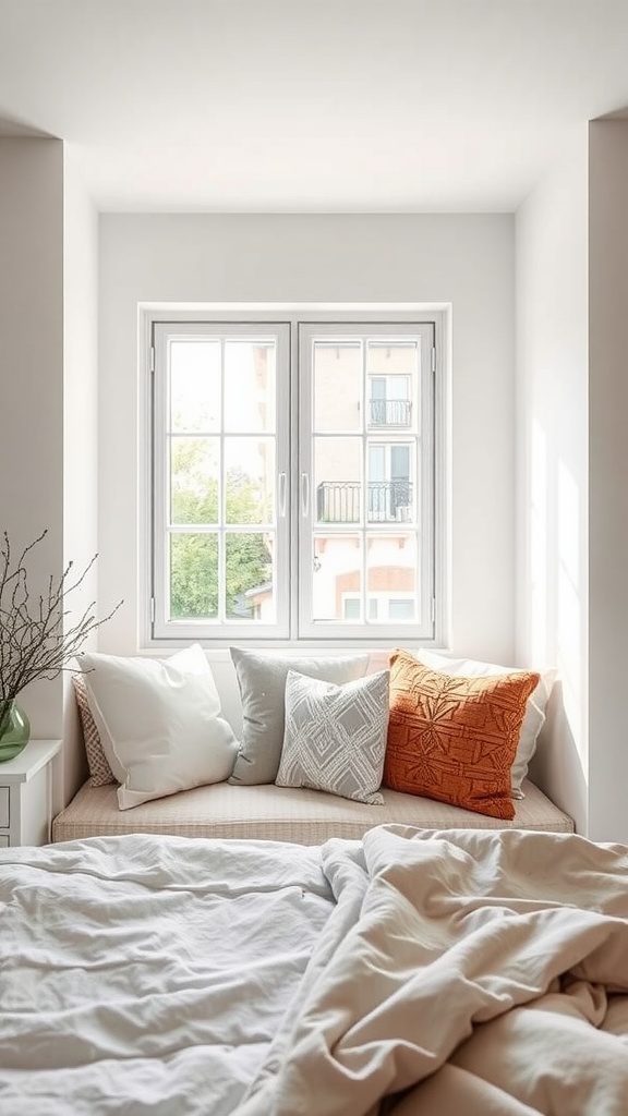 A cozy window seat with pillows and a view