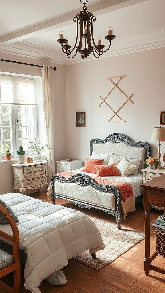 A beautifully styled bedroom featuring vintage furniture, soft colors, and natural light.