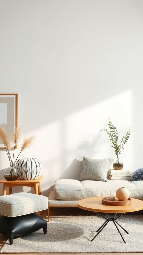 A minimalist bedroom with simple accessories like a vase, throw pillows, and a round coffee table.
