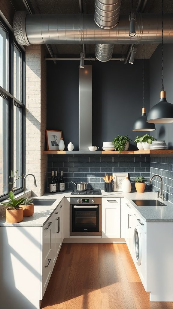 Chic urban loft style kitchen with modern appliances and industrial design elements.