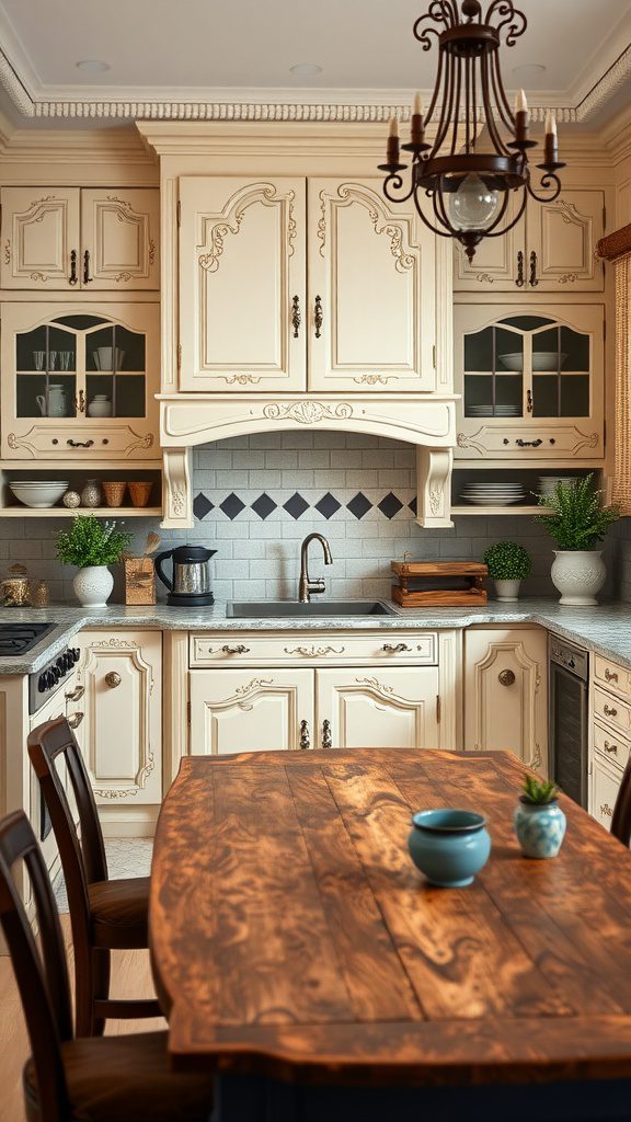 A cozy kitchen with cream-colored cabinetry, intricate details, and a rustic wooden table.
