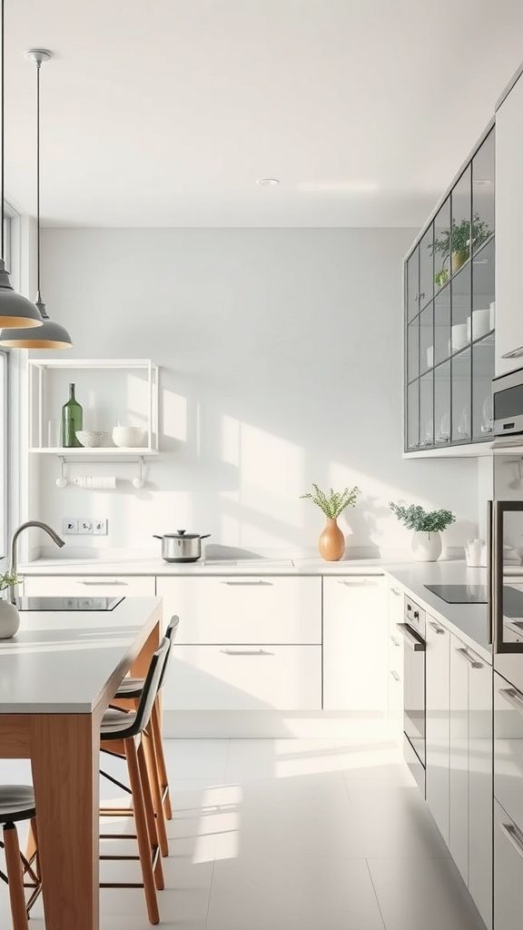 A minimalist kitchen featuring clear glass elements and natural light.