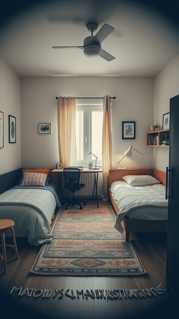 A small bedroom with two beds, a desk, and a rug used for zoning.