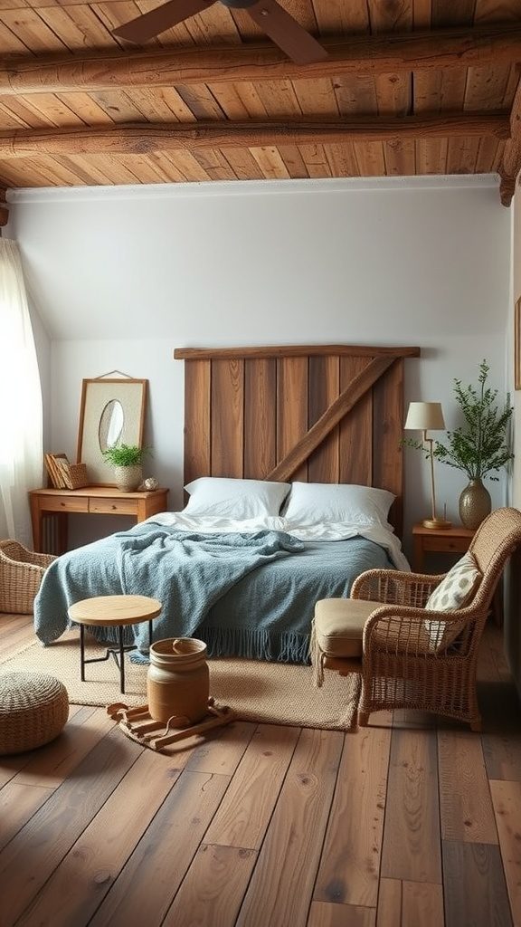 A rustic bedroom featuring a wooden ceiling, a cozy bed with a blue throw, and wicker seating areas.
