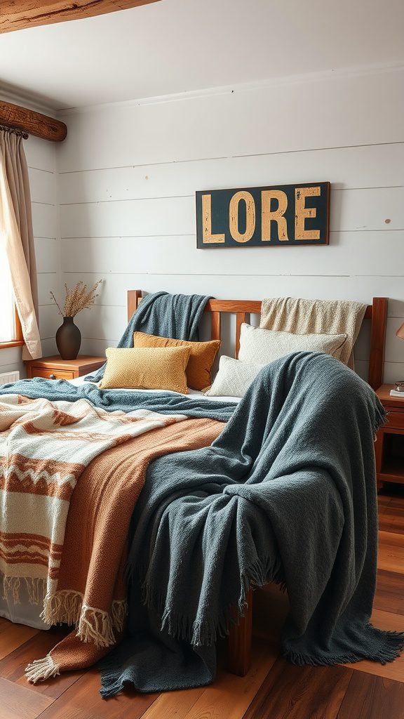 A rustic bedroom featuring layered throw blankets in earthy tones on a bed.