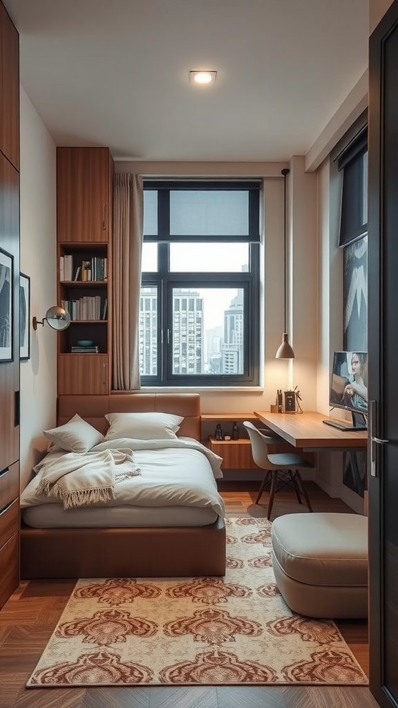 Minimalist bedroom design with a compact layout, featuring smart storage and a warm atmosphere.
