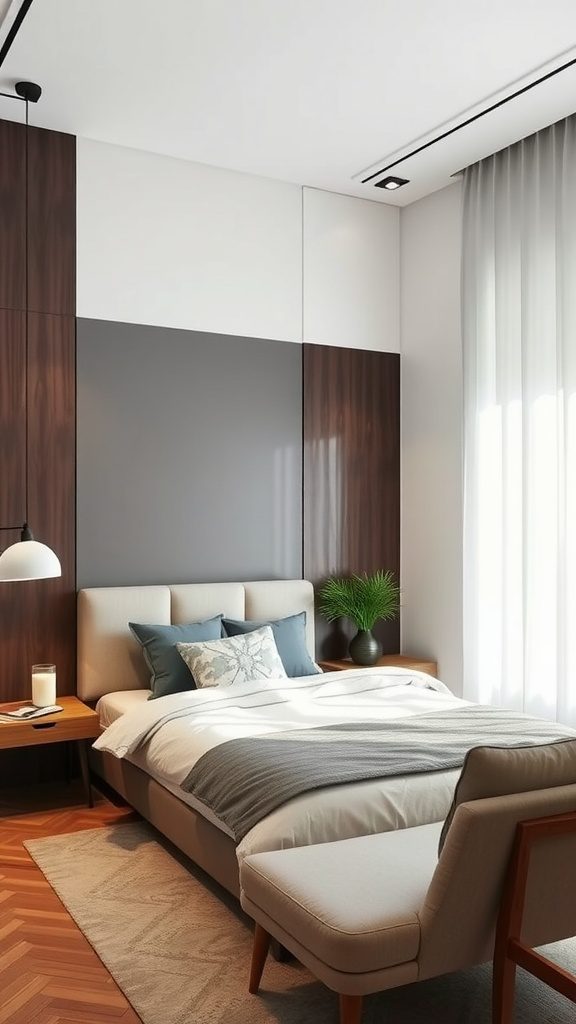 A modern bedroom showcasing contemporary furniture with a cozy arrangement.
