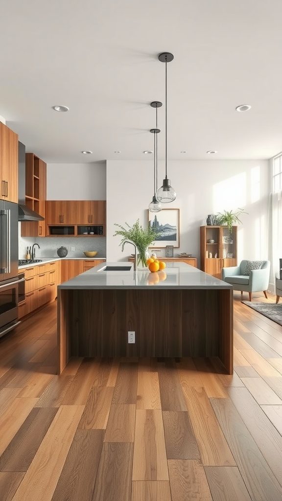 A modern open space kitchen featuring wood cabinets, a large island, and bright lighting.