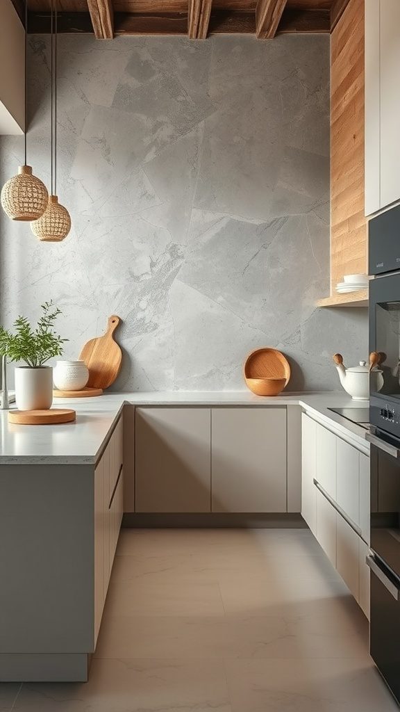 Modern kitchen with contrasting textures, featuring smooth cabinetry and wooden accents.
