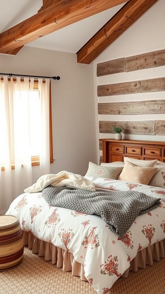 A cozy rustic bedroom with coordinated floral bedding, throw blankets, and wooden accents.