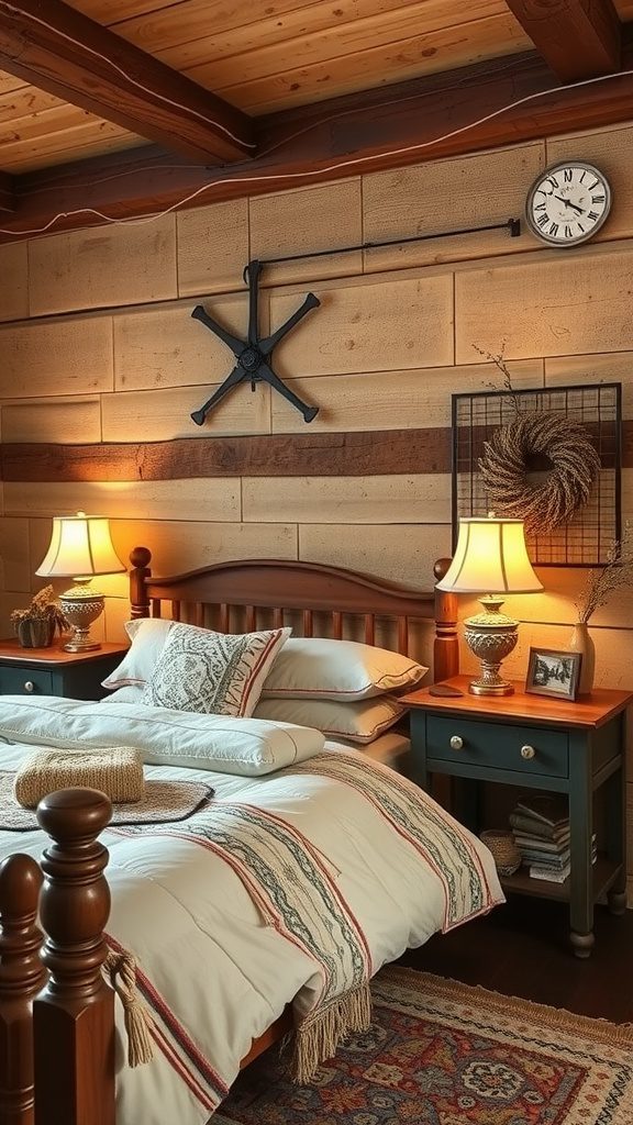 A rustic bedroom featuring cozy bedside tables with warm lamps and decorative items.