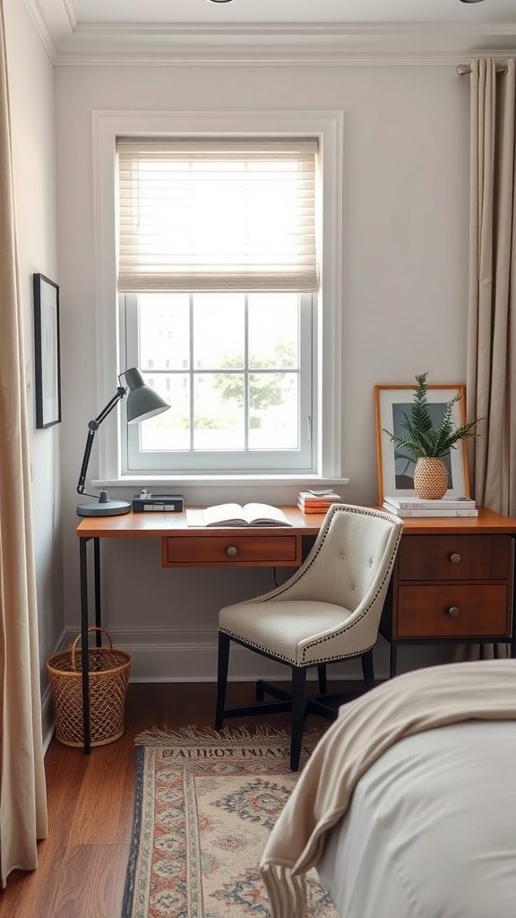 A cozy corner desk with a lamp, books, and a plant by a window
