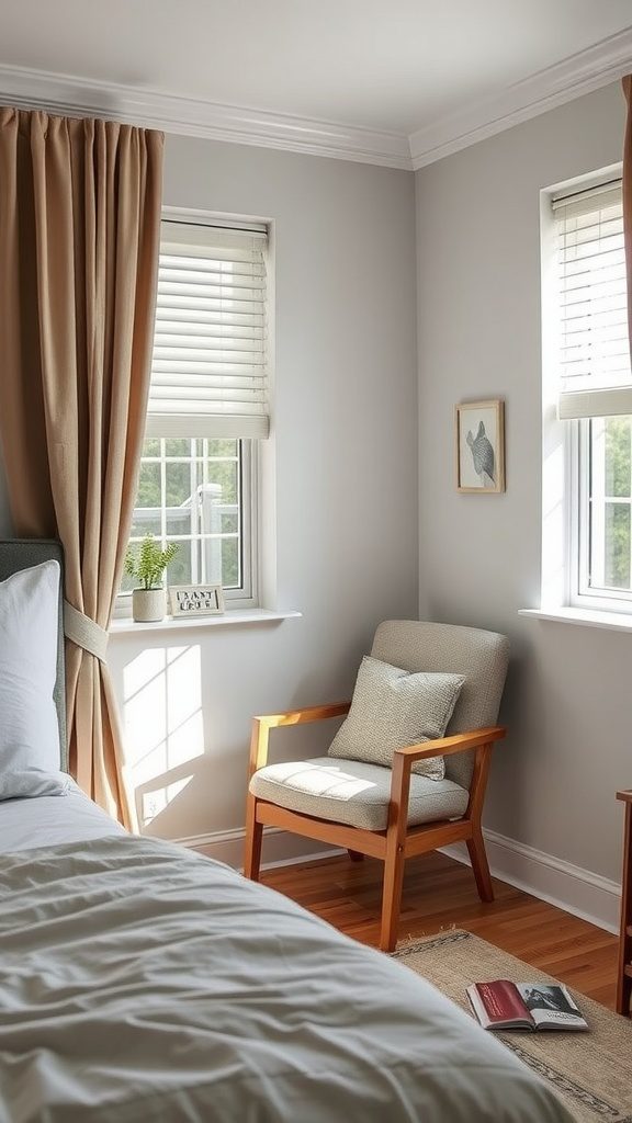 A small bedroom with a cozy corner nook featuring a chair beside a window.