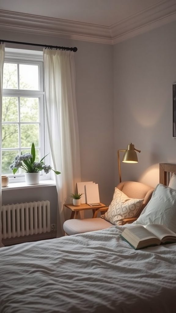 Cozy bedroom corner with a reading nook featuring a comfortable chair, a small side table, and a lamp near a window.