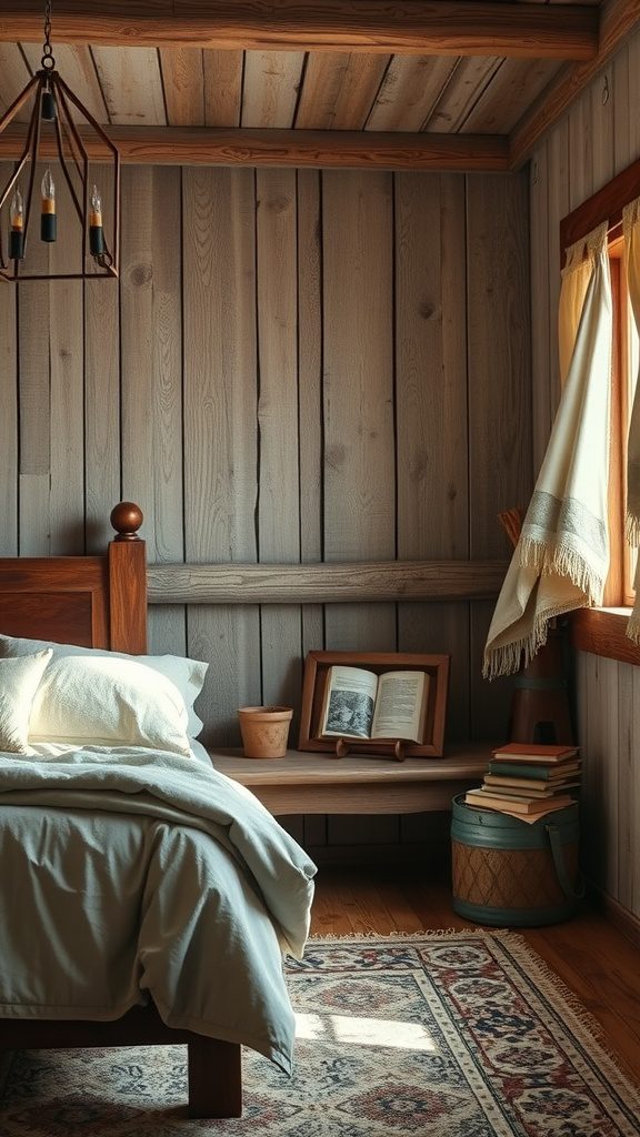 A cozy bedroom nook featuring wooden walls, a bed with soft pillows, a small shelf with books, and a gentle light.
