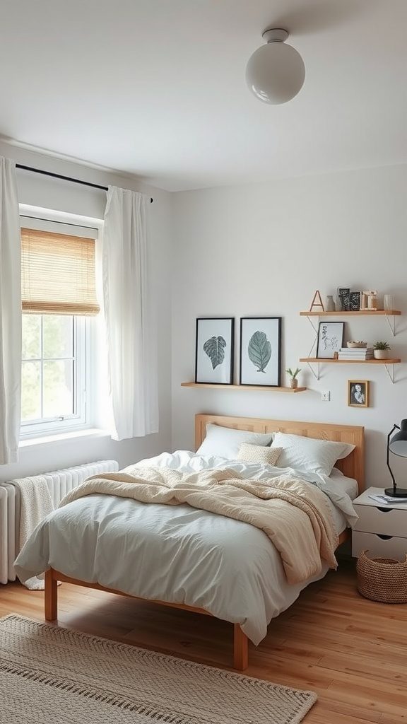 A Scandinavian bedroom featuring a cozy bed, mounted shelves, and natural light.