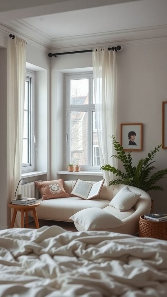 Cozy reading nook in a Scandinavian bedroom with a soft chair, plants, and natural light.