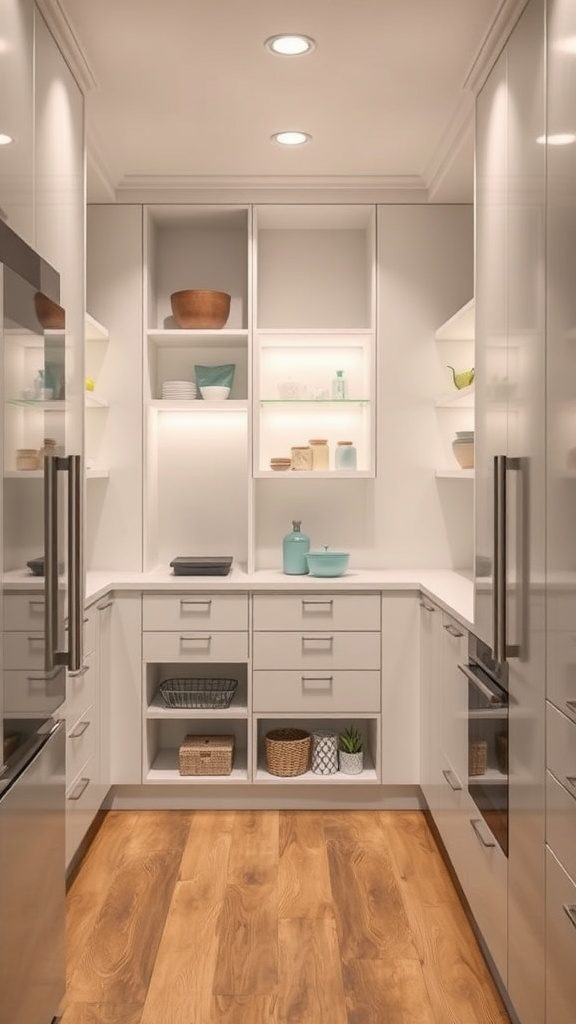 Modern kitchen pantry with open shelving and organized storage