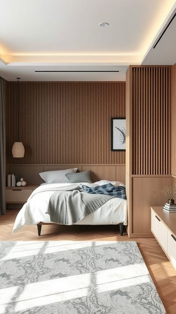 A cozy small bedroom featuring a stylish wooden room divider, a bed with textured bedding, and warm lighting.