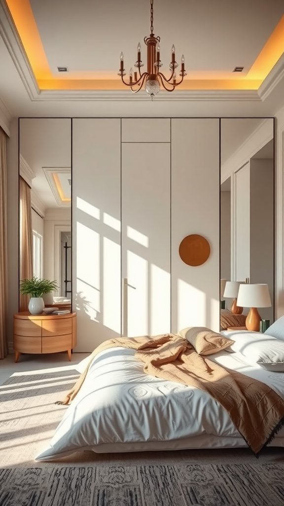 Cozy master bedroom with modern decor and creative use of mirrors