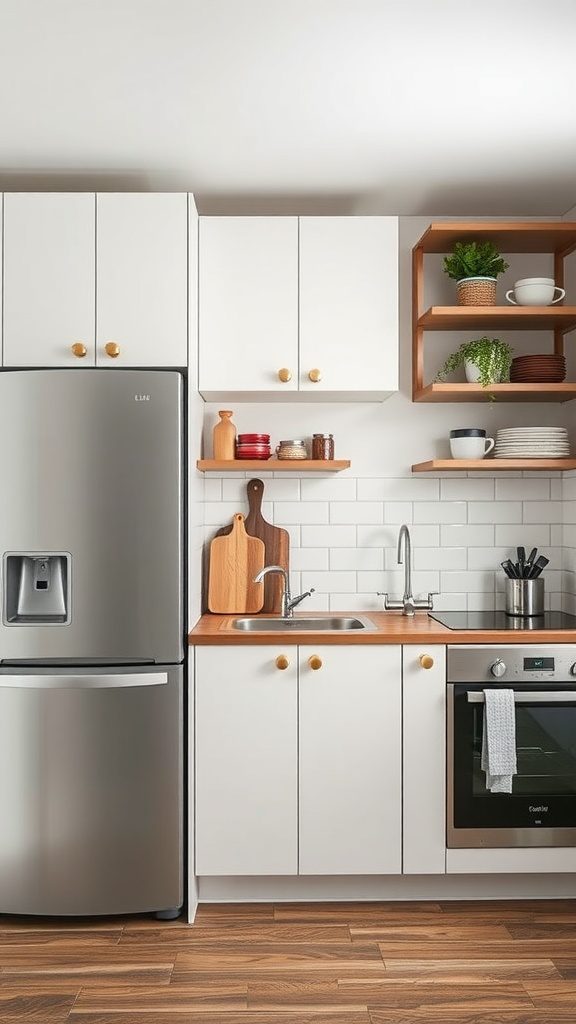 Modern kitchen with white cabinets, open shelving, and wooden accents, showcasing creative use of space.