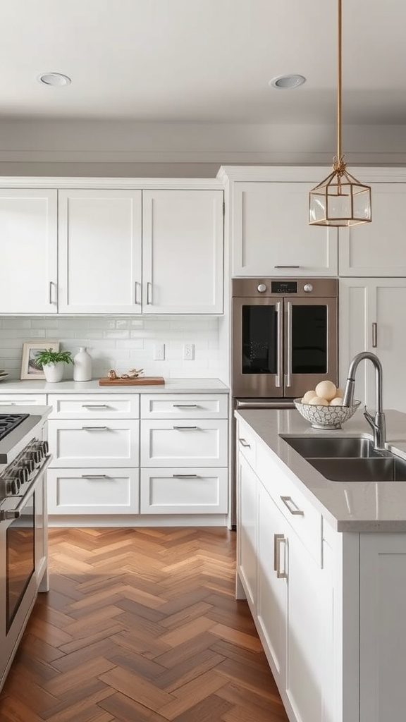 A luxurious kitchen featuring custom built cabinets and a stylish pendant light