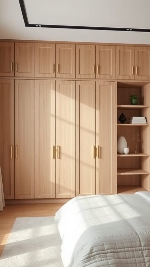 A minimalist bedroom featuring custom built-in wooden cabinetry.