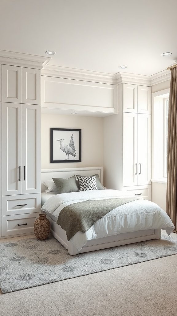 A cozy small bedroom featuring custom built-ins with storage and a bed.