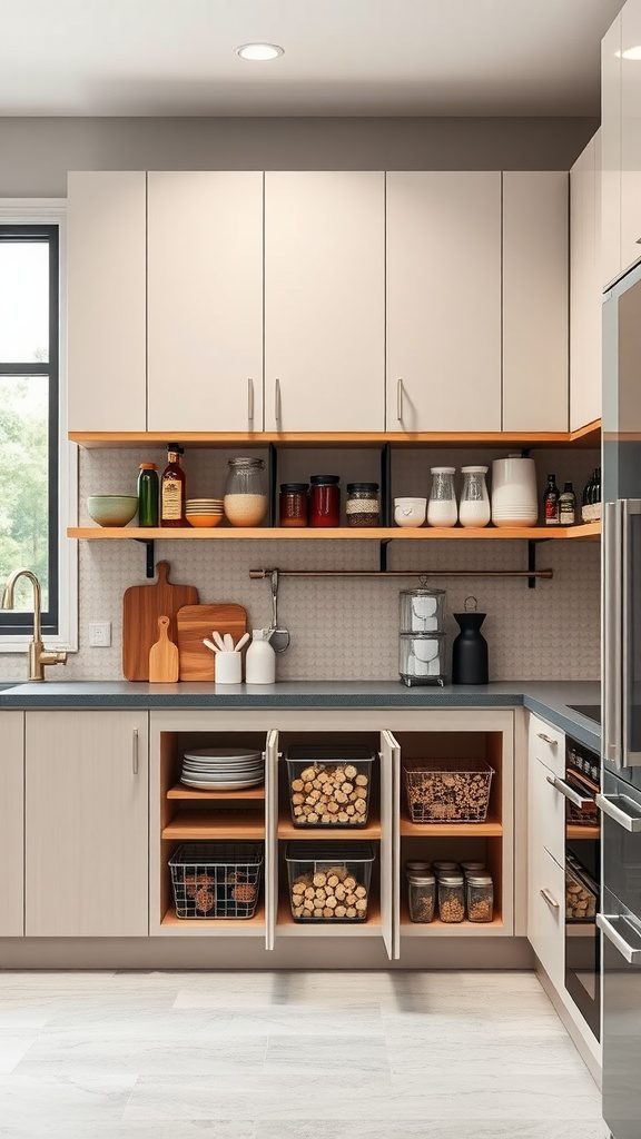 A minimalist kitchen featuring customizable modular cabinets and open shelving.