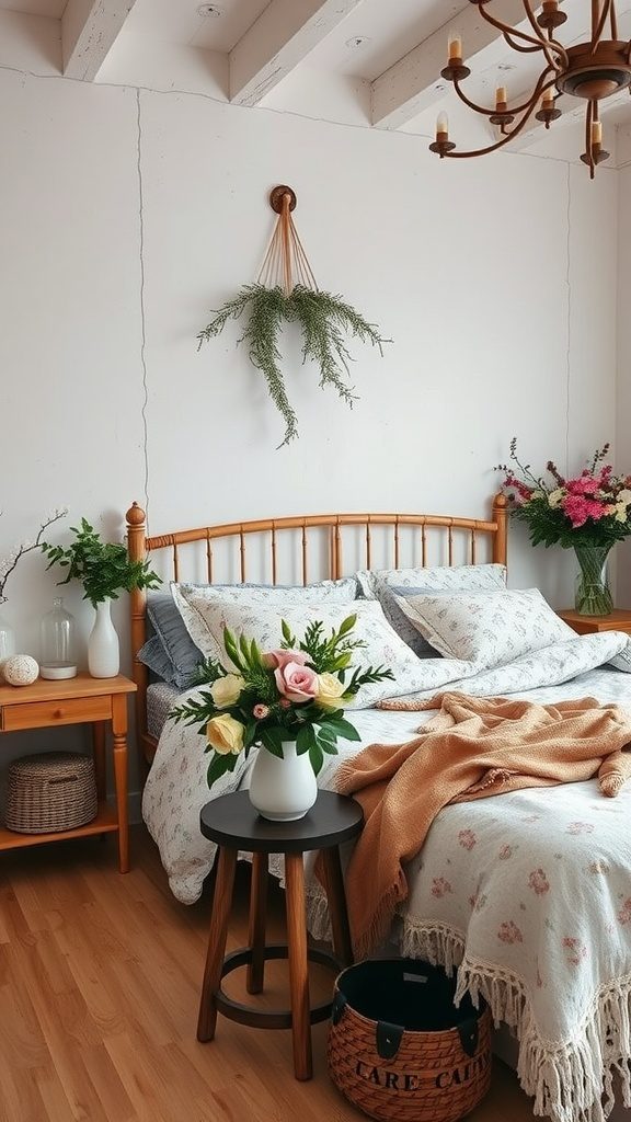 A rustic bedroom with floral decorations, featuring a wooden bed, cozy blankets, and plants.