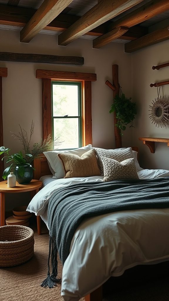 A cozy rustic bedroom with earthy color accents, featuring a bed with gray blankets and warm-toned pillows, surrounded by natural elements.