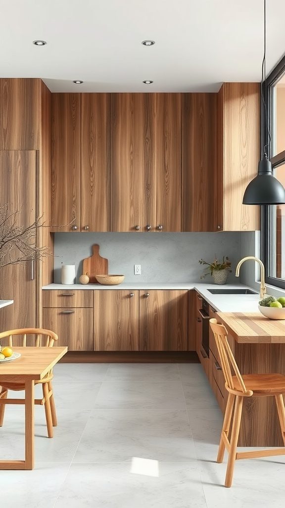 A minimalist kitchen featuring wood cabinets and stone countertops, showcasing earthy material choices.